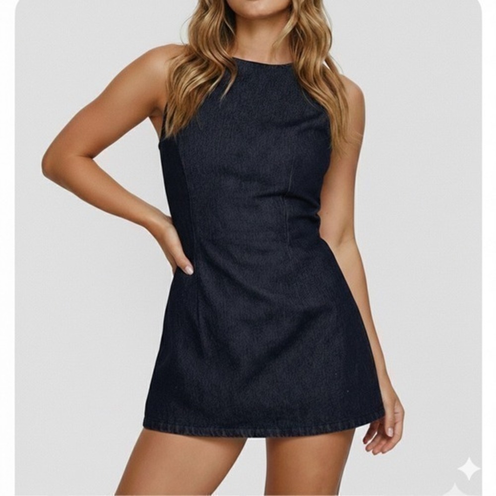 Princess Polly Dark Wash Denim Sleeveless Romper Dress Skort Navy Blue US 4